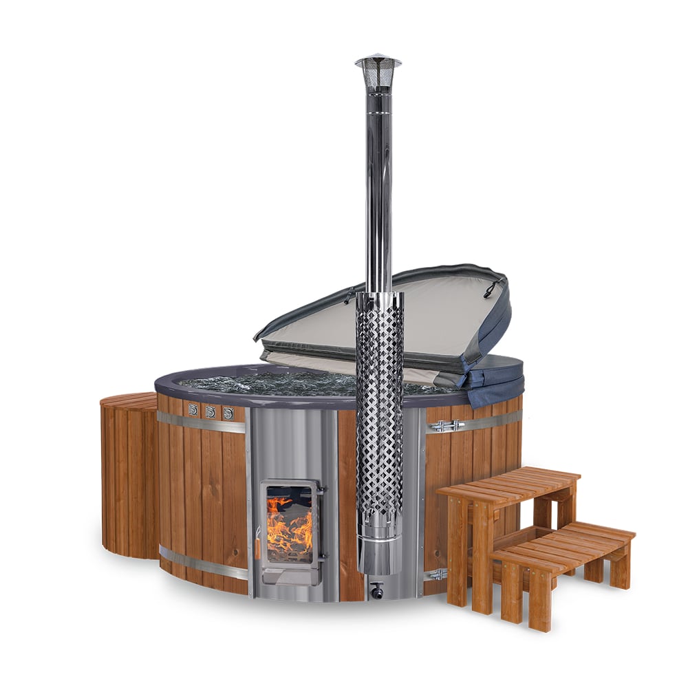 Front view of wood fired hot tub with jets, sand filter, integrated stainless steel stove, wooden steps, and open cover