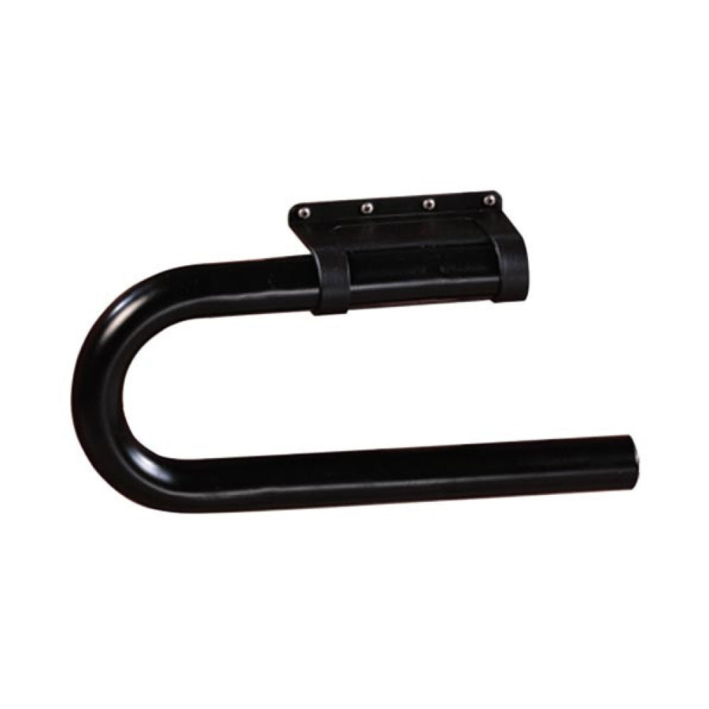 Side view of black metal towel bar with mounting bracket and four screw holes for wall installation