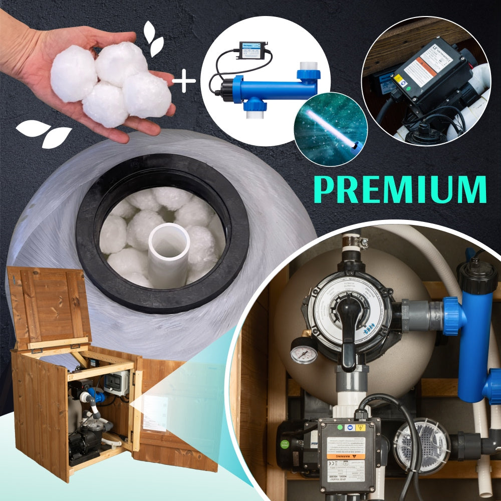 Close-up of premium water filter system with white filter balls, blue UV sterilizer, and wooden enclosure housing equipment