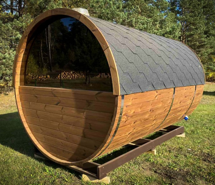 Showcasing of a barrel sauna.