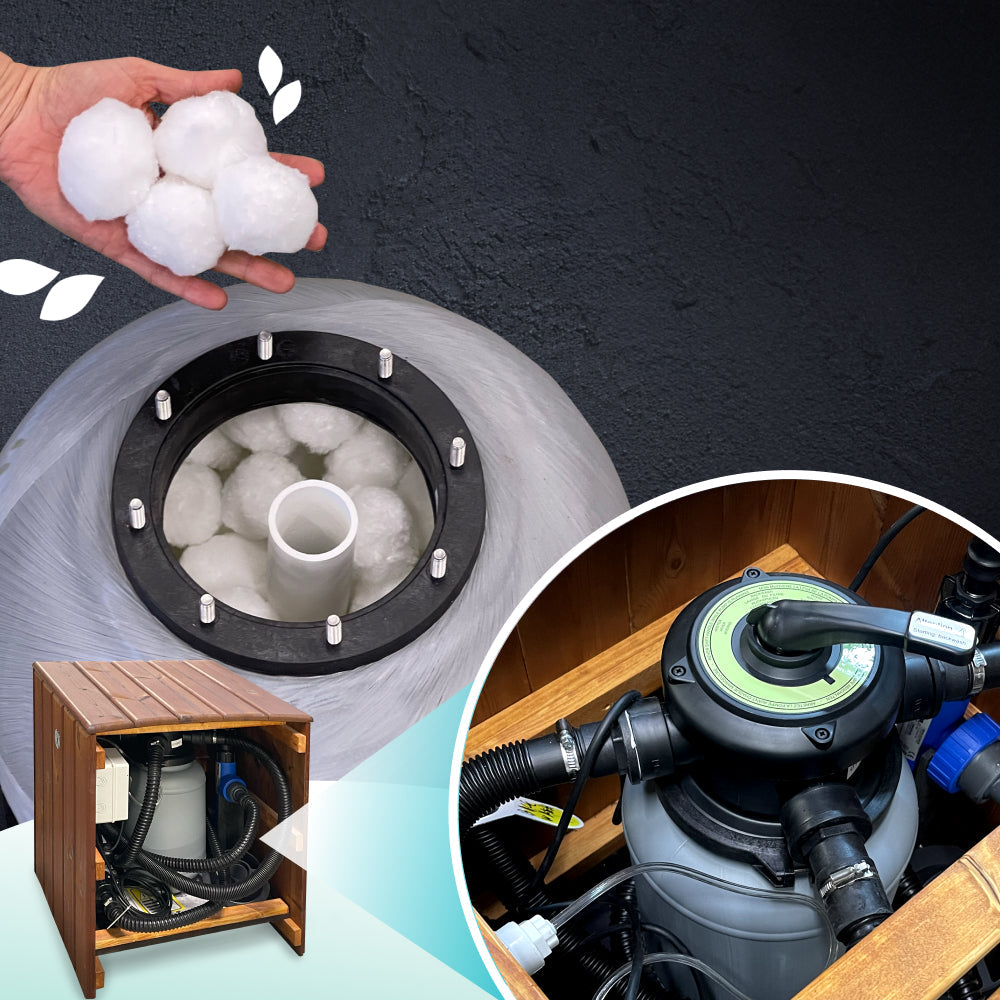 Close-up of white filter media balls inside water filter chamber with inset images of filter system installation and components