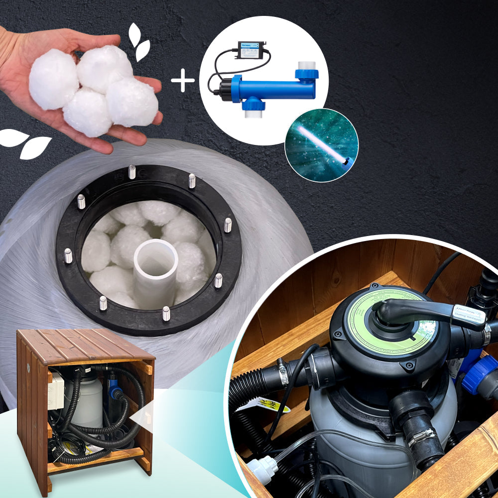 Close-up of water filter system showing white filter balls, UV sterilizer, and connections inside wooden enclosure