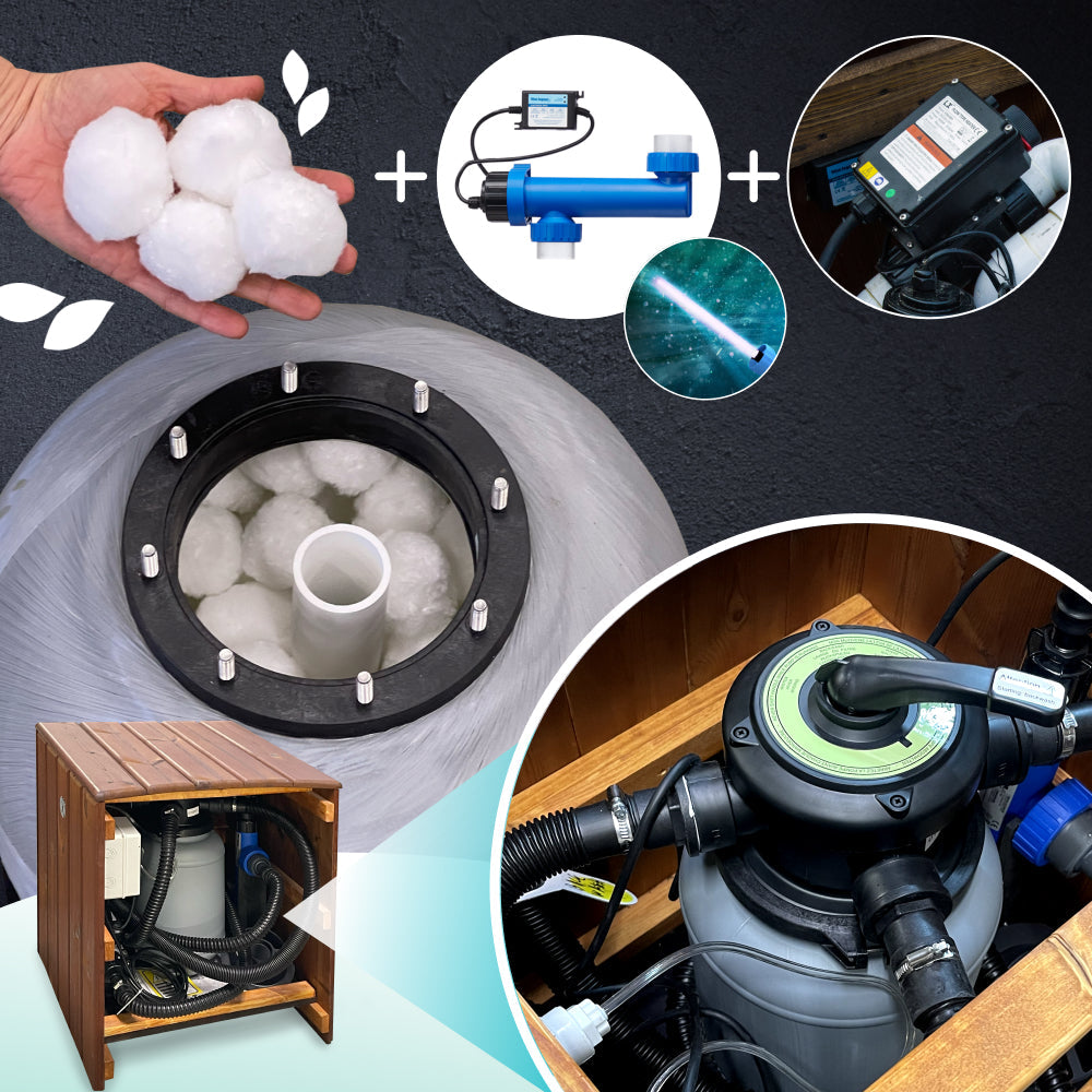 Composite image showing water filter components including filter media, UV sterilizer, and pump installation in wooden enclosure