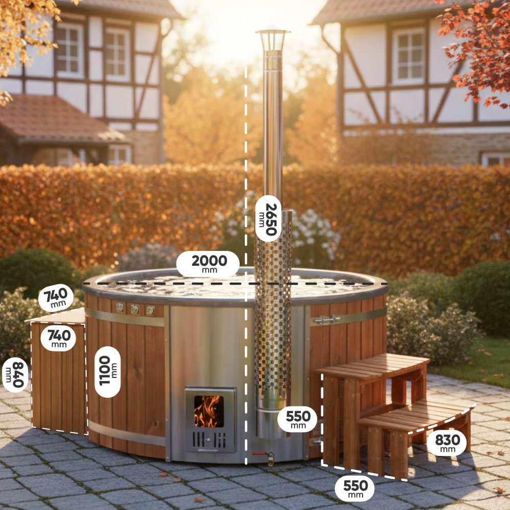 Outdoor view of wood fired hot tub with stainless steel chimney, wooden cover, stairs, and firebox door in garden setting