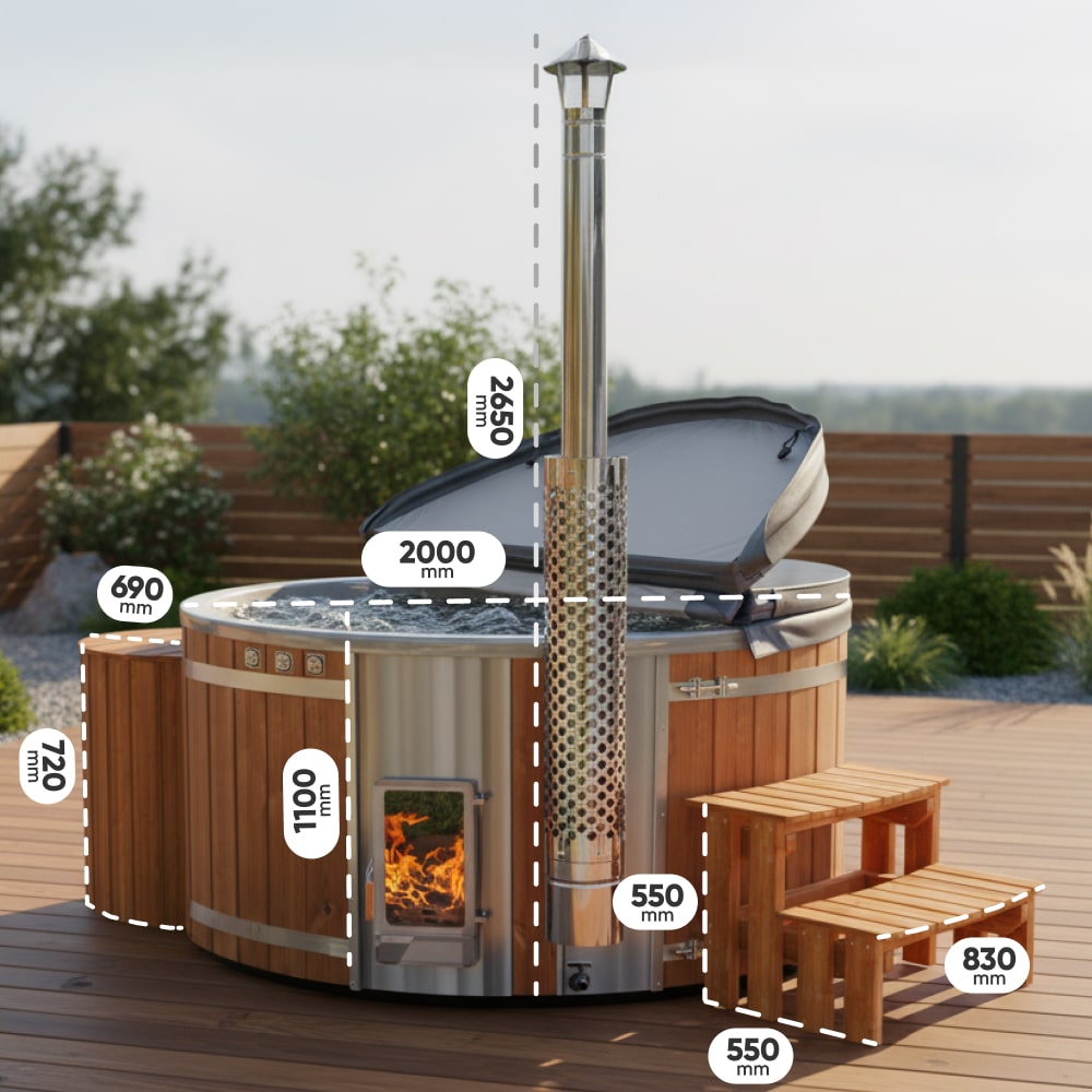 Outdoor view of wood fired hot tub with stainless steel stove, wooden steps, and cover partially open on deck
