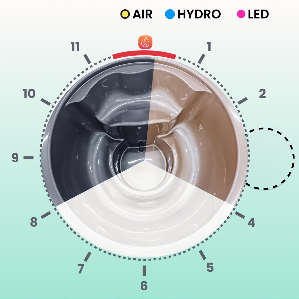 Top view diagram of a round hot tub interior illustrating two different fiberglass color options.