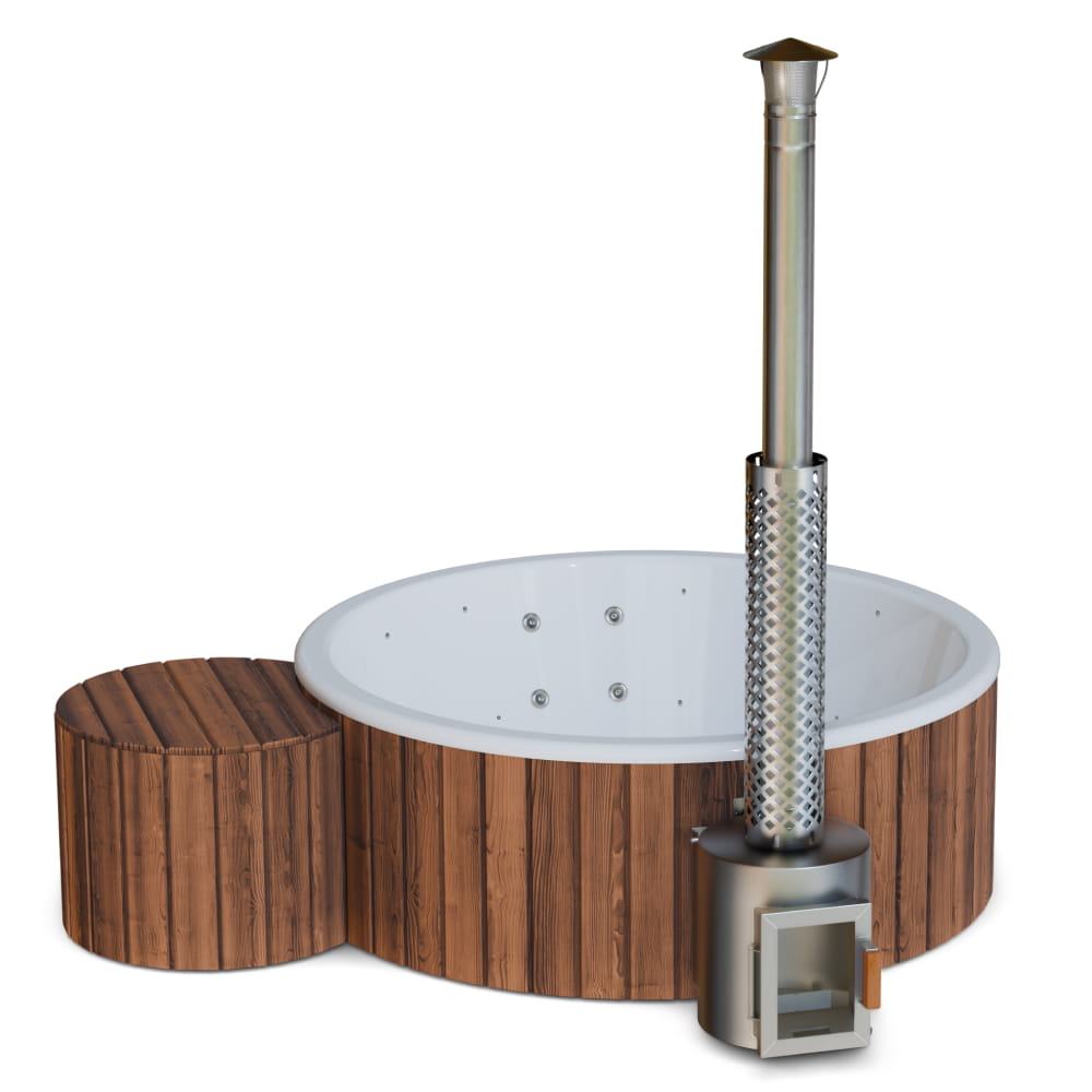Flat bottom hot tub with white fibreglass insert, round filter box and stove