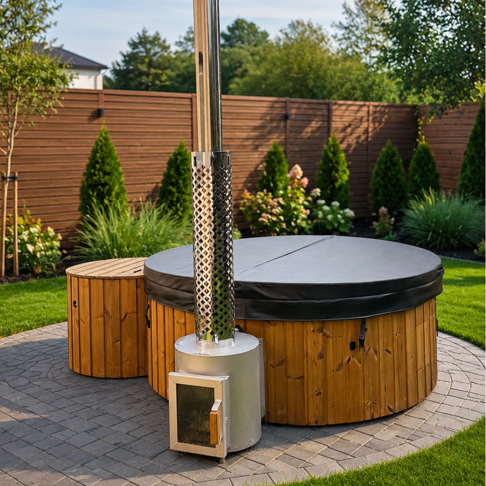 Wooden hot tub with cover and stove outdoor garden setting