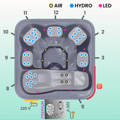 Aukščiausios kokybės kvadratinė malkomis kūrenama sūkurinė vonia su 34 hidromasažais ir atlošiamu gultu – 6 sėdimos vietos