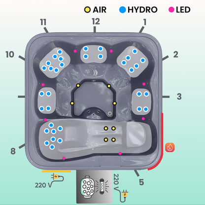 Aukščiausios kokybės kvadratinė malkomis kūrenama sūkurinė vonia su 34 hidromasažais ir atlošiamu gultu – 6 sėdimos vietos