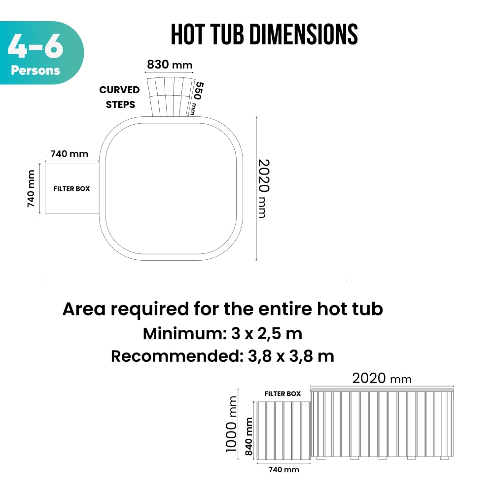 Top and side schematic of 4-6 person hot tub with curved steps, filter box, and detailed dimensions in millimeters.