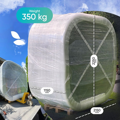 Side view of wrapped square wood fired hot tub with dimension labels and weight 350 kg on pallet outdoors