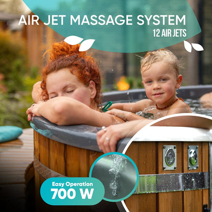 Woman and child relaxing in a wood fired hot tub with 12 air jets and 700W easy operation shown on tub side panel