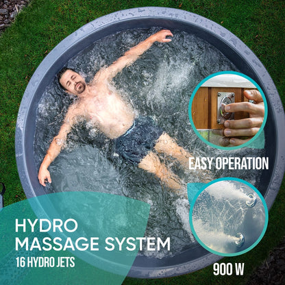 Top-down view of man relaxing in fibreglass wood fired hot tub with 16 hydro jets and easy operation system