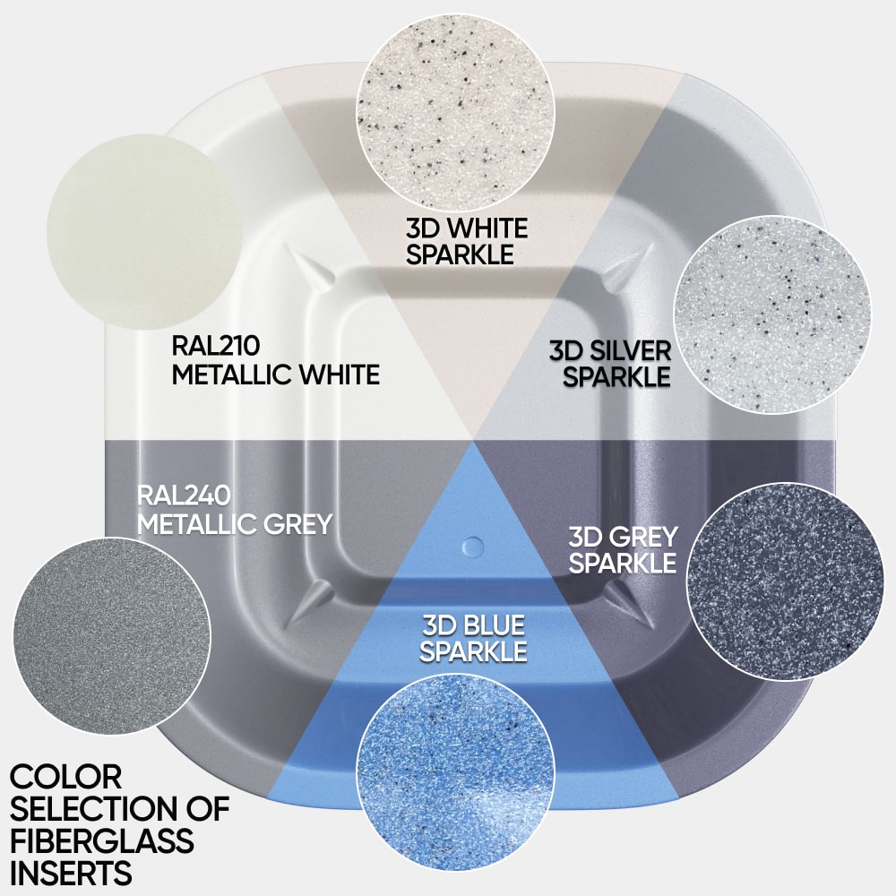 Top-down view of fiberglass insert color options for premium hot tub including metallic white, grey, and blue 3D sparkle finishes