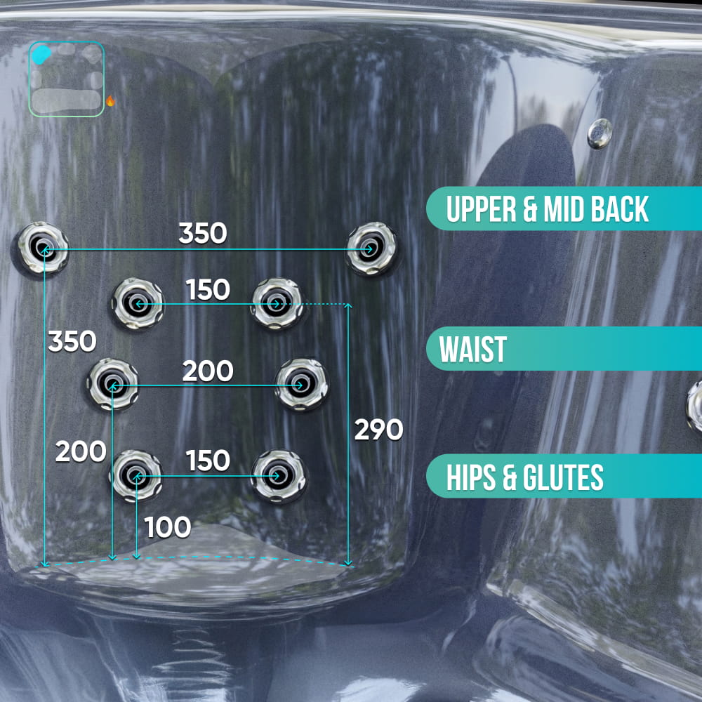 Aukščiausios kokybės kvadratinė malkomis kūrenama sūkurinė vonia su 34 hidromasažais ir atlošiamu gultu – 6 sėdimos vietos