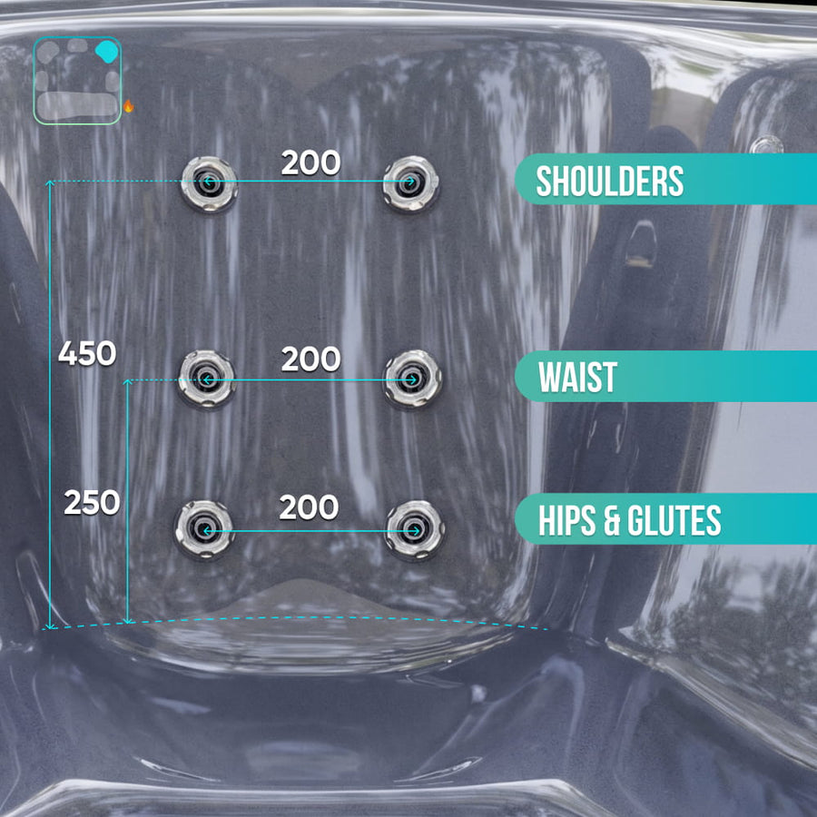 Aukščiausios kokybės kvadratinė malkomis kūrenama sūkurinė vonia su 34 hidromasažais ir atlošiamu gultu – 6 sėdimos vietos