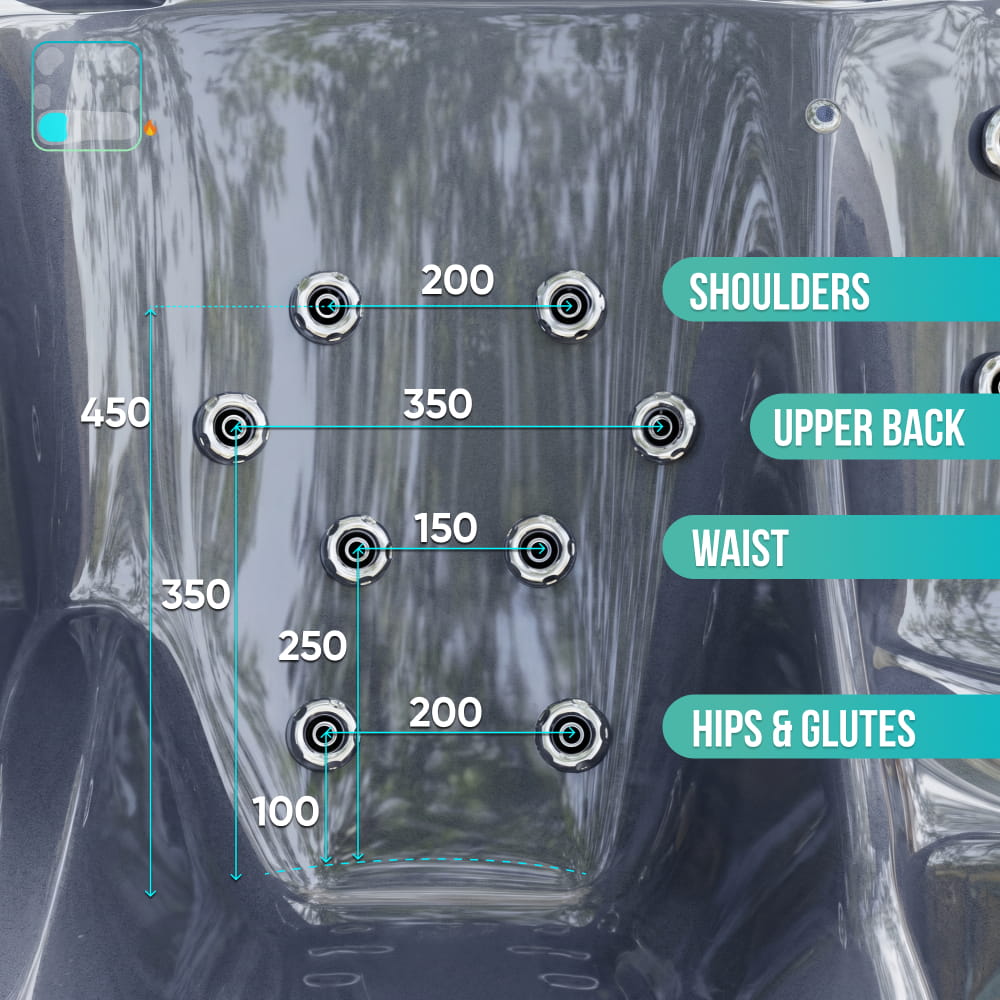 Aukščiausios kokybės kvadratinė malkomis kūrenama sūkurinė vonia su 34 hidromasažais ir atlošiamu gultu – 6 sėdimos vietos