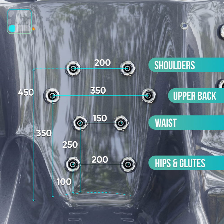 Aukščiausios kokybės kvadratinė malkomis kūrenama sūkurinė vonia su 34 hidromasažais ir atlošiamu gultu – 6 sėdimos vietos