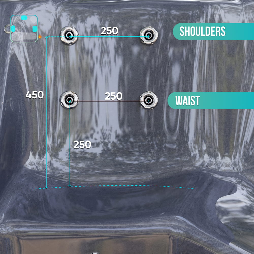 Aukščiausios kokybės kvadratinė malkomis kūrenama sūkurinė vonia su 34 hidromasažais ir atlošiamu gultu – 6 sėdimos vietos