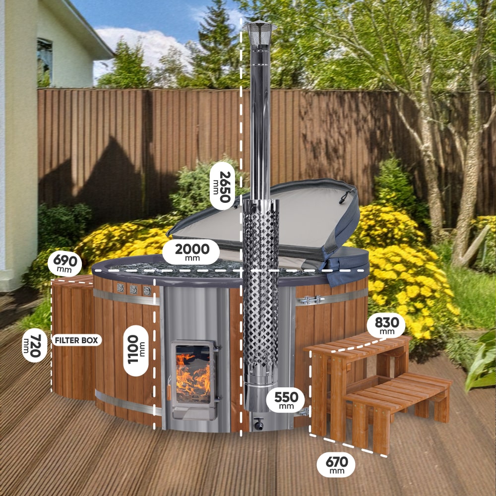 Outdoor view of wood fired hot tub with metal chimney, wooden steps, cover open, and dimension labels in garden setting