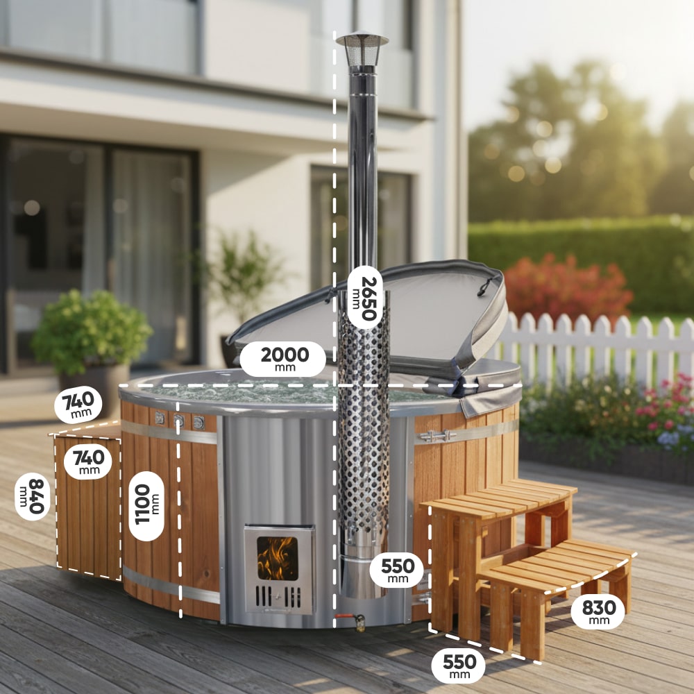 Outdoor view of wooden hot tub with metal stove, chimney, wooden steps, and open insulated cover on patio deck