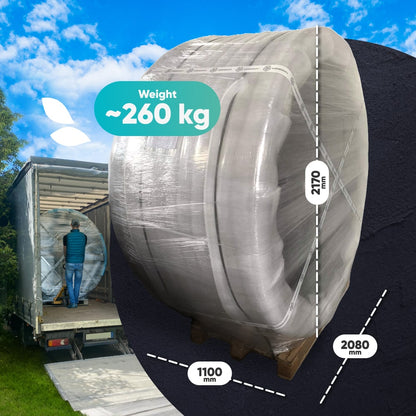 Front view of wrapped premium sandfilter wood fired hot tub showing dimensions and weight on pallet