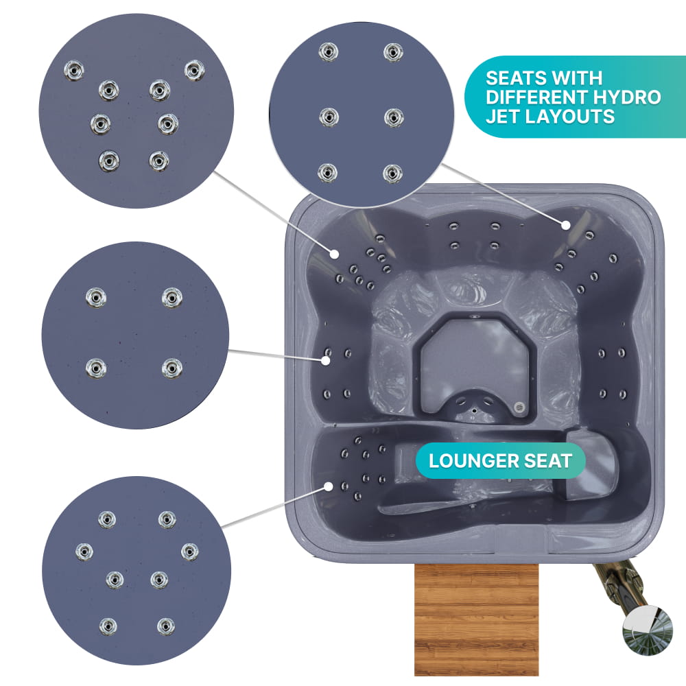 Aukščiausios kokybės kvadratinė malkomis kūrenama sūkurinė vonia su 34 hidromasažais ir atlošiamu gultu – 6 sėdimos vietos