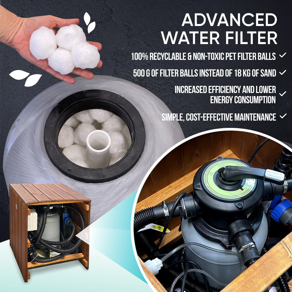 Close-up of advanced water filter system with recyclable pet filter balls and integrated sand filter inside wooden hot tub cabinet