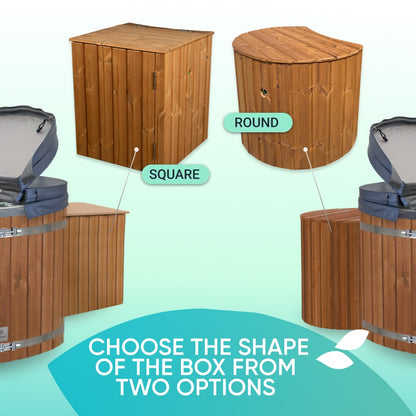 Side view of premium square and round wooden sand filter boxes for wood fired hot tubs shown with hot tub covers