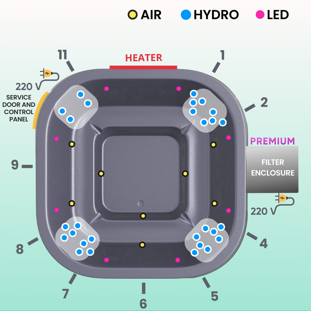 Aukščiausios kokybės malkomis kūrenama sūkurinė vonia su 28 vandens srovėmis, krosnelė „Horizon“ | 4–8 asmenims