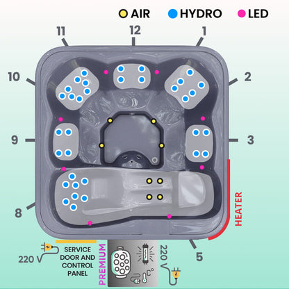 Aukščiausios kokybės kvadratinė malkomis kūrenama sūkurinė vonia su 34 hidromasažais ir atlošiamu gultu – 6 sėdimos vietos