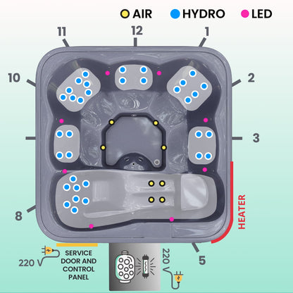 Aukščiausios kokybės kvadratinė malkomis kūrenama sūkurinė vonia su 34 hidromasažais ir atlošiamu gultu – 6 sėdimos vietos