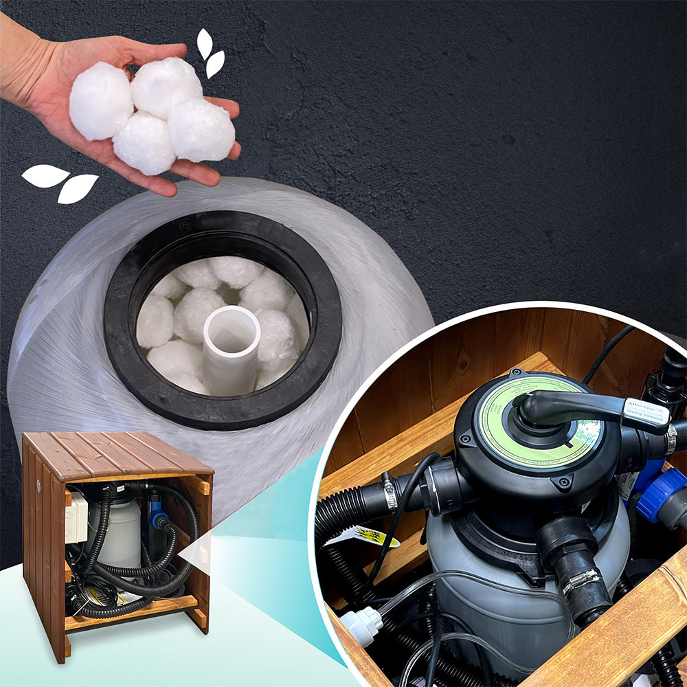 Close-up view of water filter system with filter media balls and detailed shot of plumbing inside wooden enclosure