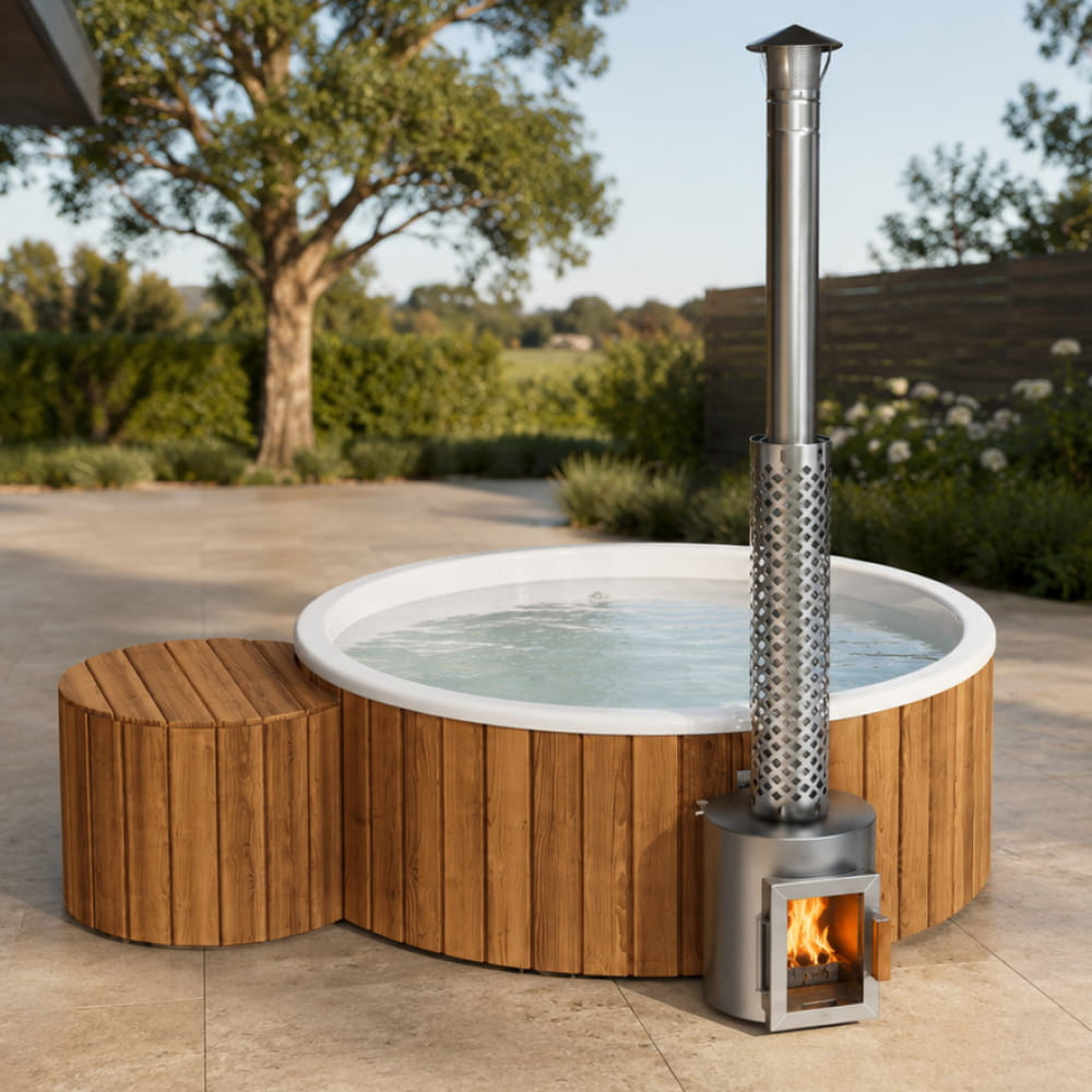 Outdoor round hot tub with flat bottom and stove in a garden setting