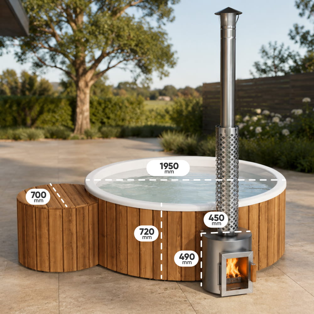 Outdoor hot tub with wooden surround and stove, surrounded by trees and garden.