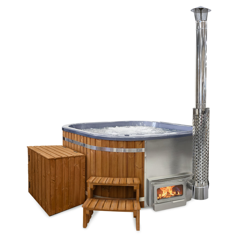 Side view of premium 4-8 seater ThermoWood whirlpool with stainless steel Horizon wood stove and wooden steps