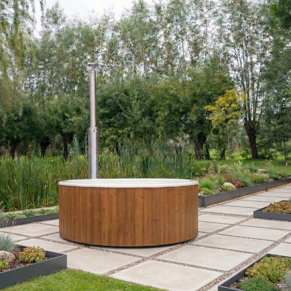 Flat Bottom Wood-Fired Hot Tub with Hydro Jets and LEDs for 4-6 people