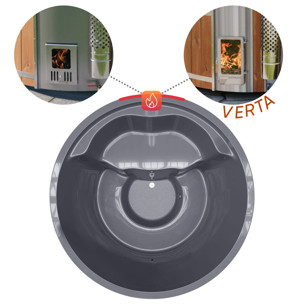 Top-down view of round hot tub with inset showing fire burning in integrated stainless steel wood stove door