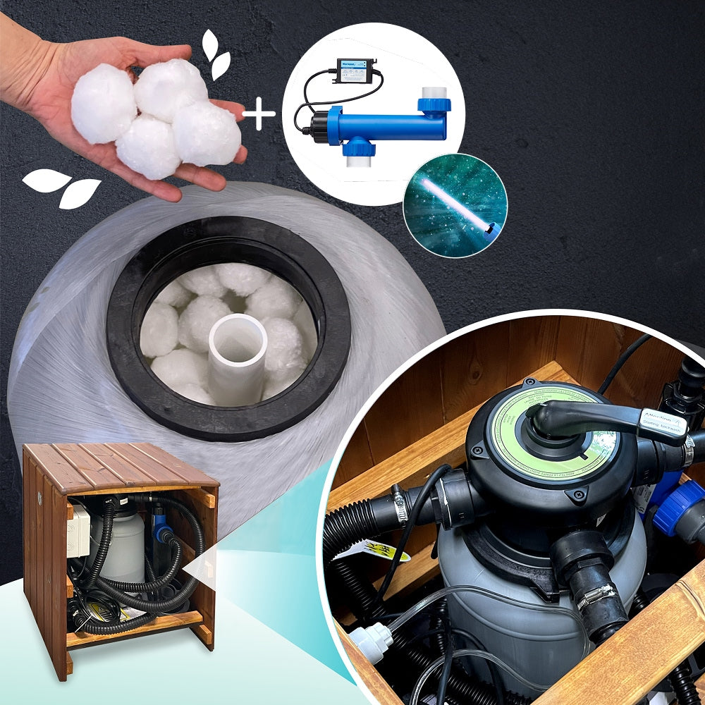 Close-up of water filter system components including filter media, UV sterilizer, and installed filtration unit inside wooden enclosure