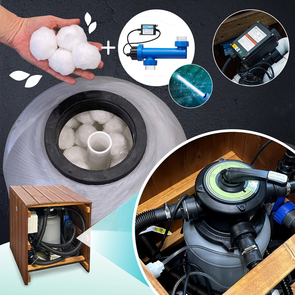 Close-up view of water filter system with filter balls, UV sterilizer, pump, and setup inside wooden enclosure