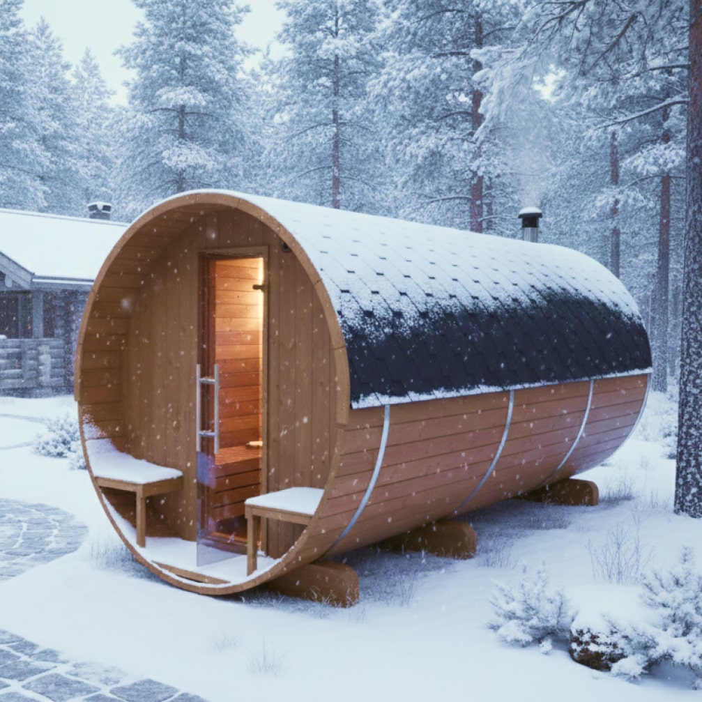Outdoor view of a wooden barrel sauna with glass door and snow-covered roof in a snowy forest setting