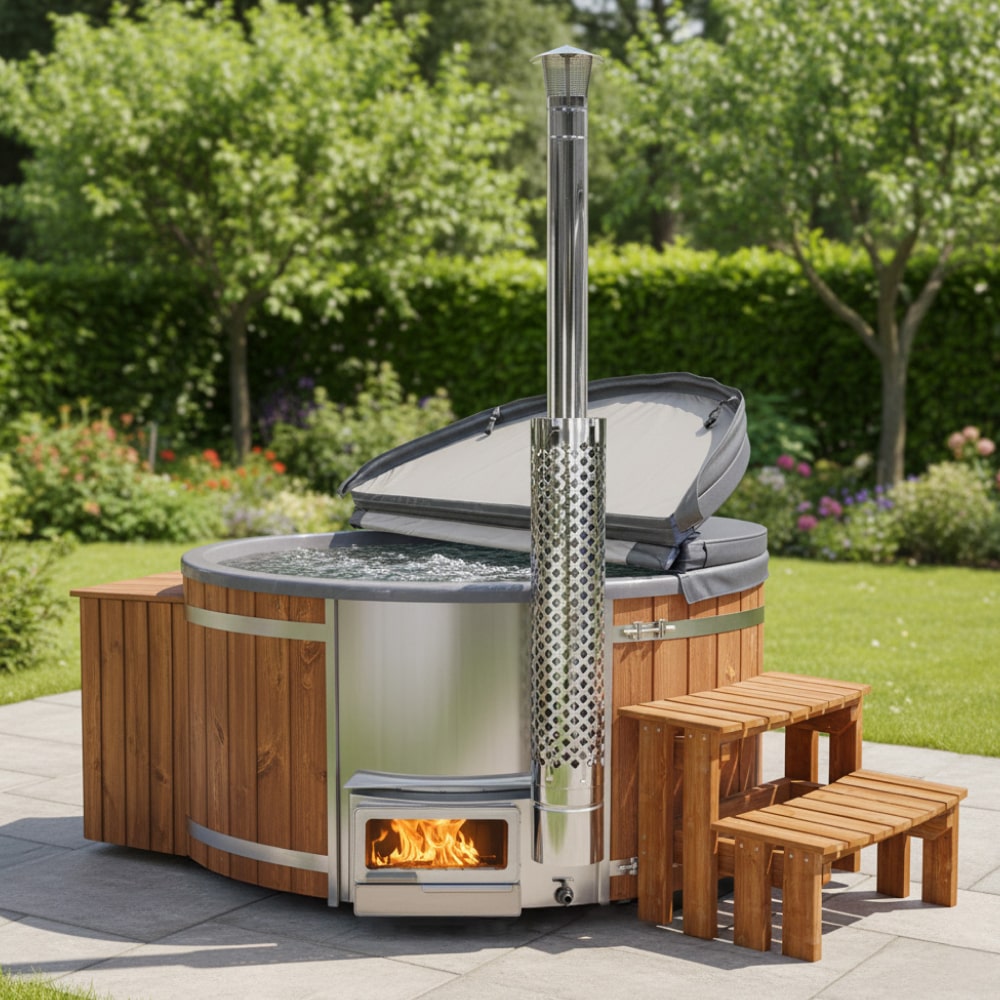 Wood-fired Horizon stove hot tub with jets, stainless steel, wood panels, and chimney