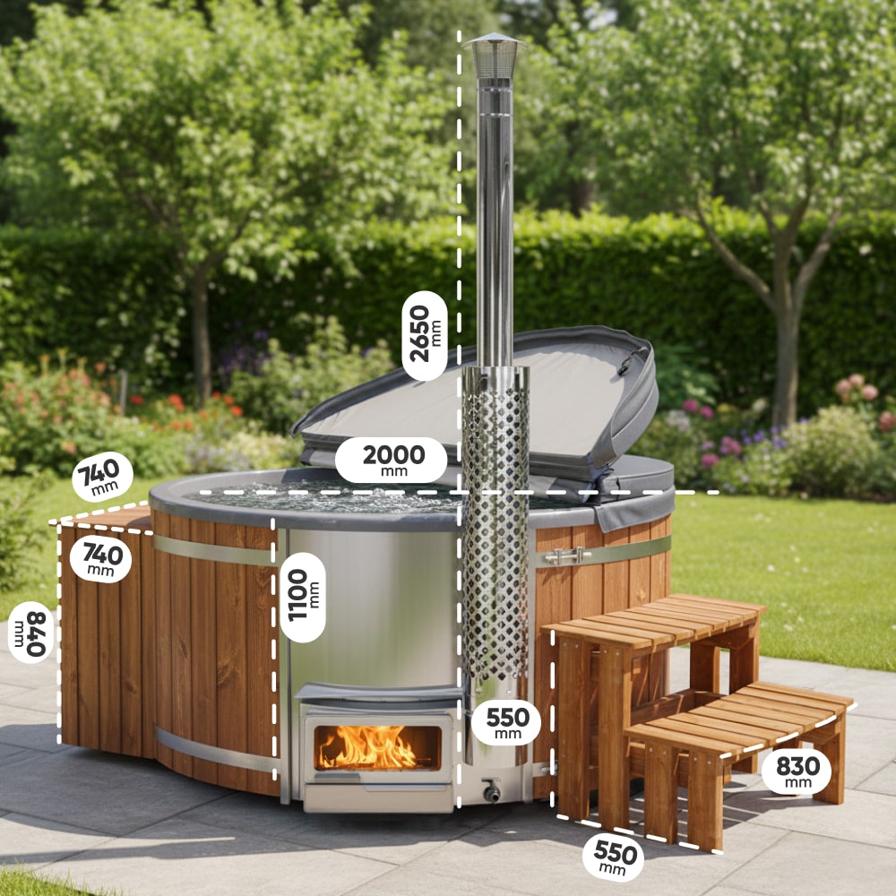 Outdoor view of wood fired hot tub with stainless steel stove, chimney, wooden steps, and cover partially opened in garden