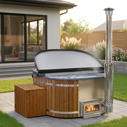 Outdoor view of premium 4-8 seater ThermoWood clad whirlpool with stainless steel Horizon wood-fired heater and chimney