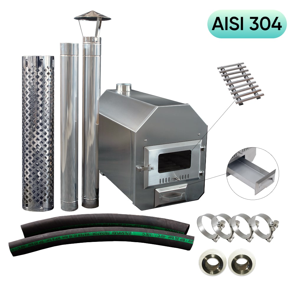 Stainless steel AISI 304 38 kW wood burning hot tub stove full kit with pipes, clamps, exhaust, and fire grate components