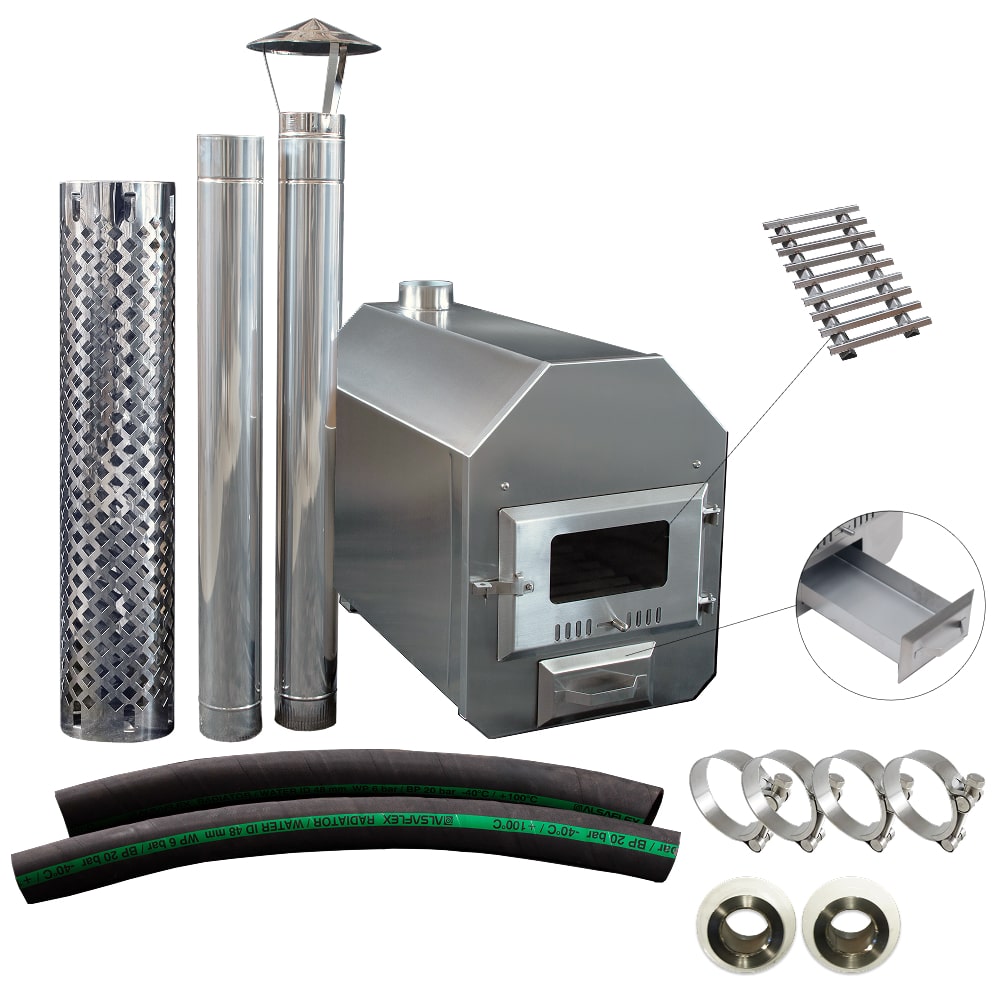 Stainless steel wood stove kit with chimney pipes, protective cover, hose, clamps, grilling rack, and ash drawer isolated on white background