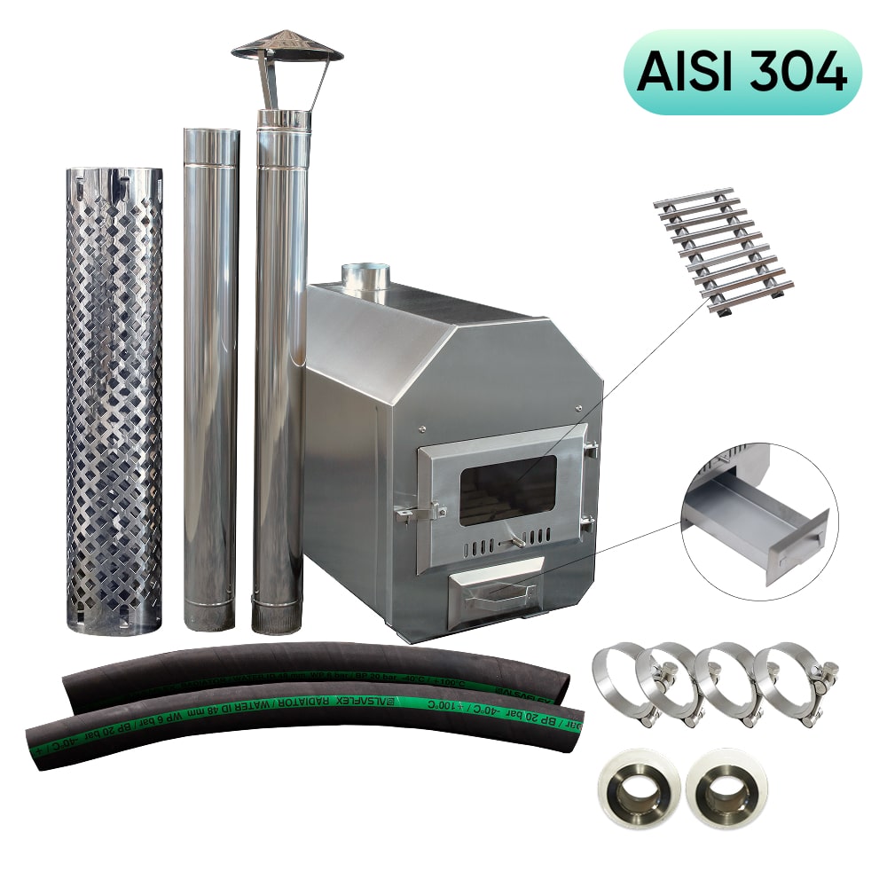 Stainless steel AISI 304 wood burning hot tub stove full kit with chimney pipes, heat exchanger, clamps, and hoses