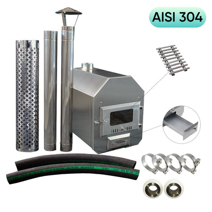 Stainless steel AISI 304 wood burning hot tub stove full kit with chimney pipes, heat exchanger, clamps, and hoses