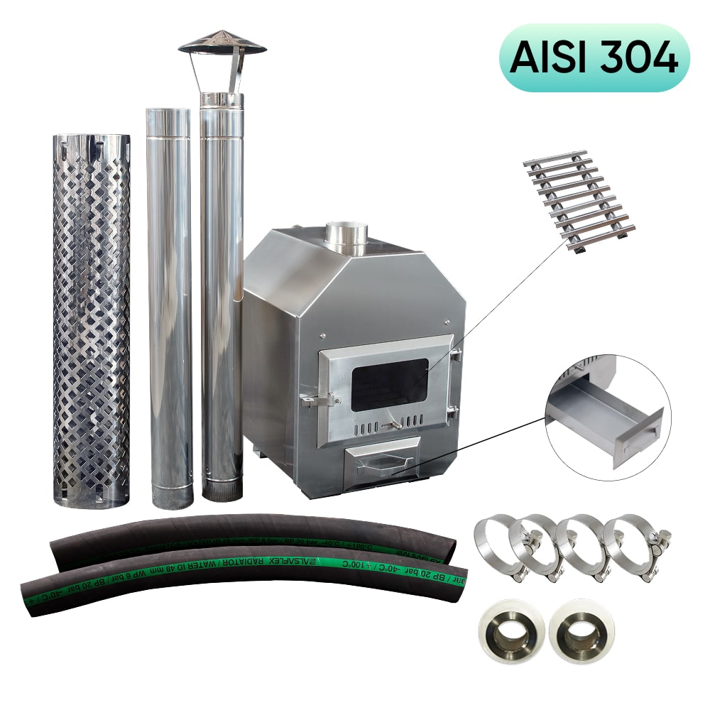 Stainless steel AISI 304 wood burning hot tub stove kit with double-pass heat exchanger and installation accessories
